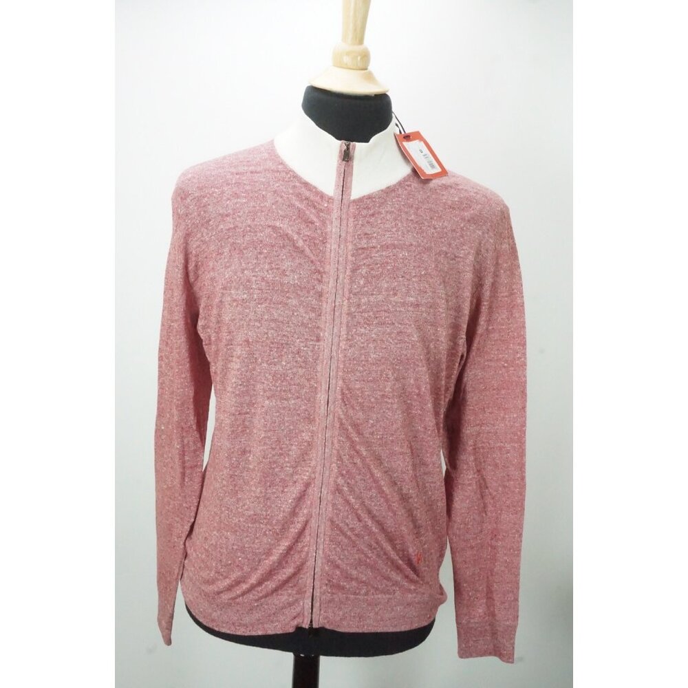 Isaia Napoli Full Zip Linen Blend Red White Detailed Knit Sweater Sz M BRAND NEW